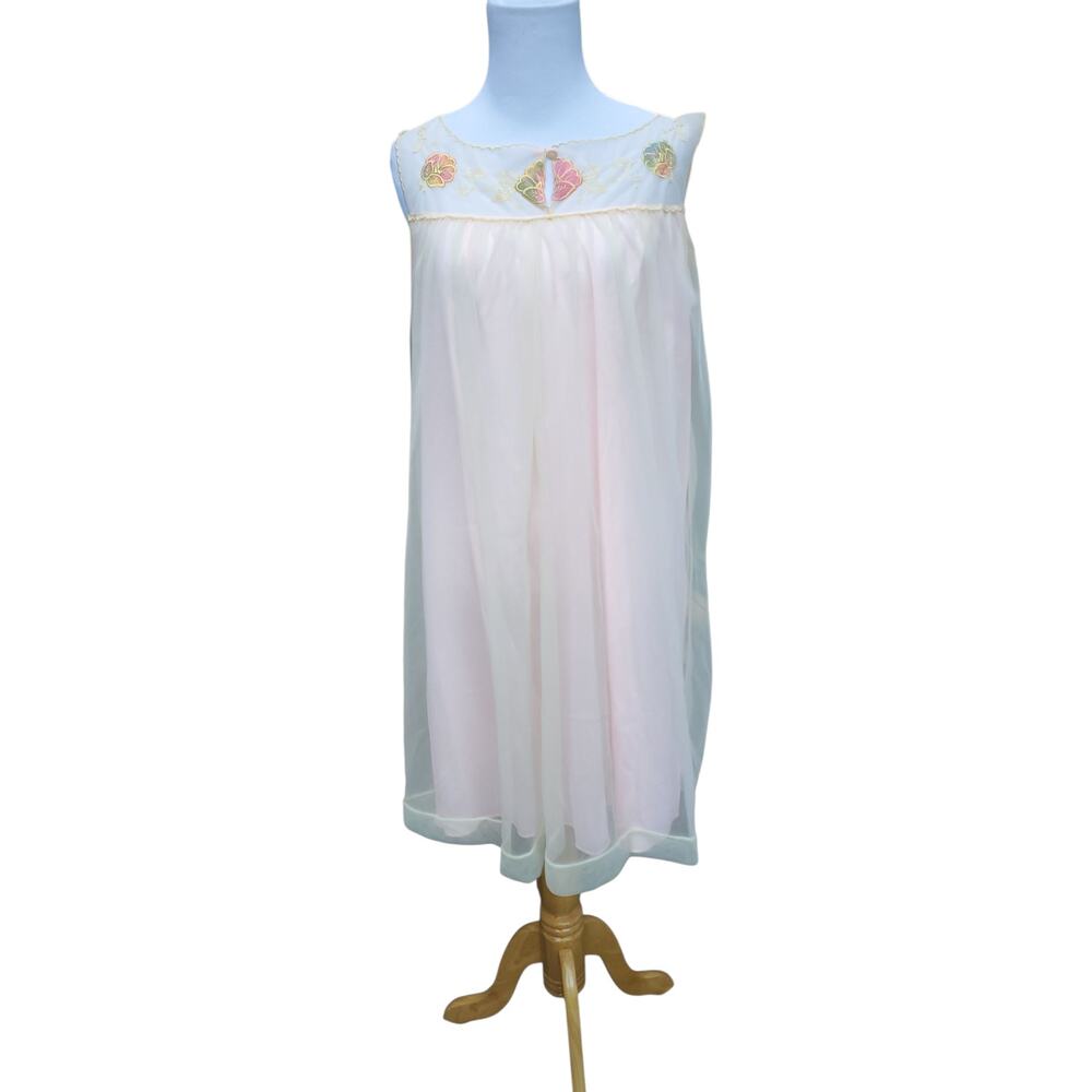 Vintage Miss Elaine Pink Nylon Sleeveless Nightgown Embroidered Lingerie Sz L